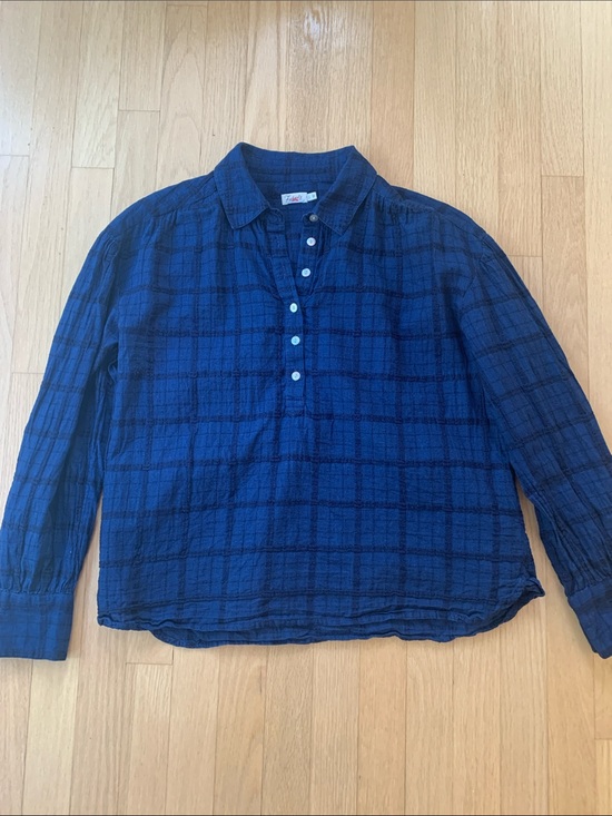 Faherty Tops - Faherty Olli Organic Cotton Indigo Dyed  Windowpane Henley Shirt Navy Blue Small